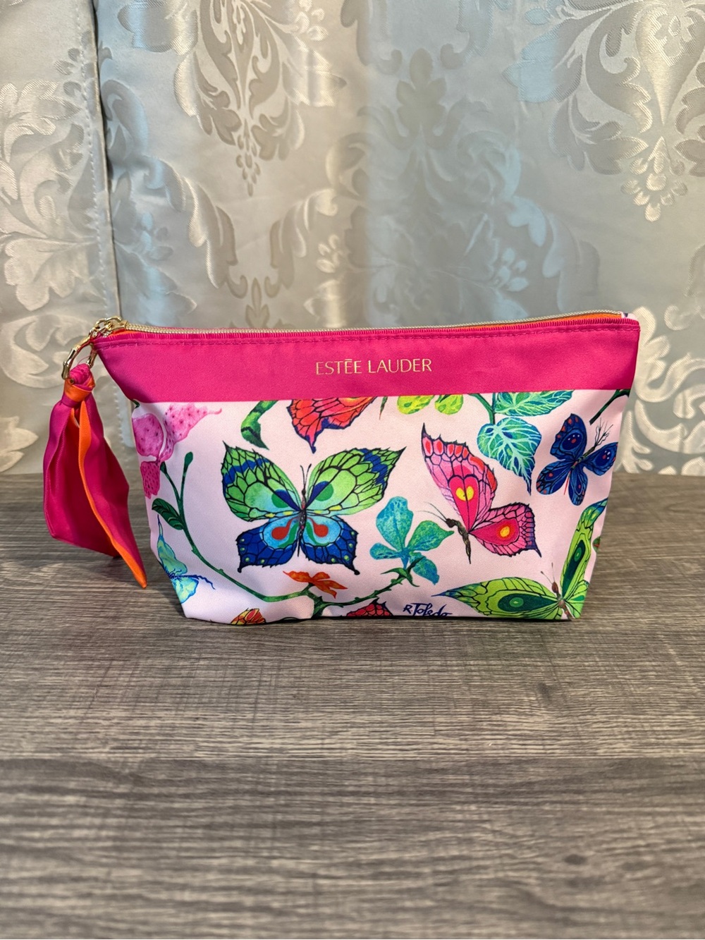 Estee Lauder Pink Butterfly Print Cosmetic Pouch with Tassel